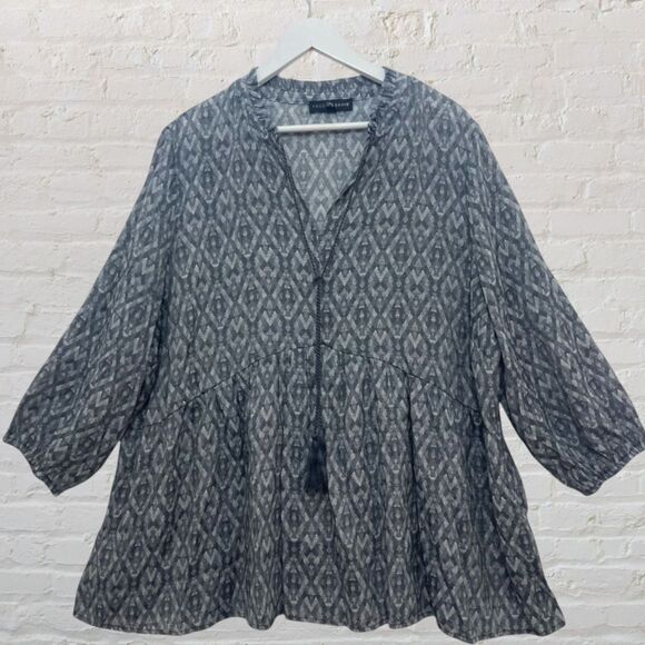 Fred David Ikat Peasant Blouse 2X – Gray Boho Tunic Balloon Sleeve Top - Picture 3 of 16